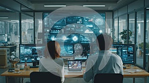 Team analyzing complex data on multiple screens in a modern office environment