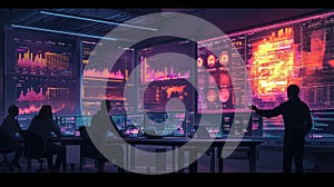 Team analyzing data in a high-tech command center with multiple screens and visual analytics display