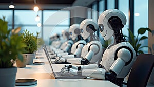 Team of android robots work at computers in a modern office