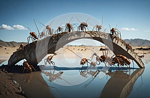 team of ants constructing bridge over water