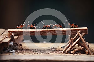 Team of ants work constructing bridge, teamwork AI generated