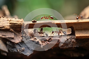 Team of ants work constructing bridge, teamwork AI generated