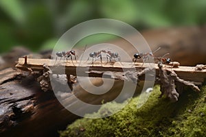 Team of ants work constructing bridge, teamwork AI generated