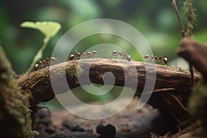 Team of ants work constructing bridge, teamwork AI generated