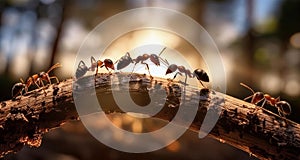 Team of ants work constructing bridge, teamwork.