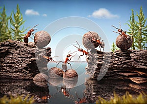 Team of ants work constructing dam, teamwork