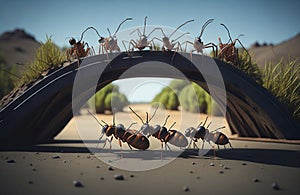 team of ants works constructing bridge, teamwork concept