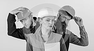 Team of architects, builders, labourers, isolated white background