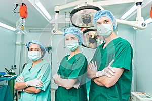 A team of Asian doctors, male and female surgeons Standing in the operating room