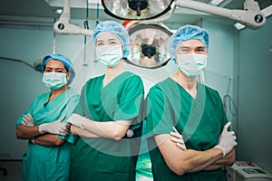 A team of Asian doctors, male and female surgeons Standing in the operating room