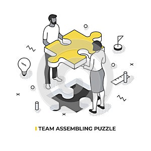 Team Assembling Puzzle Isometric Illustration