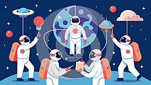 A team of astronauts on a mission communicating and problem solving through a wireless brainnetwork overcoming