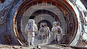 A team of astronauts in spacesuits can be seen outside the rig overseeing its operations and performing maintenance