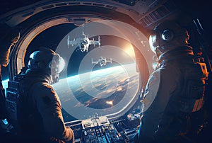 A team of astronauts traveling in space inside a spaceship with nebula in the background. Science and technology concept.