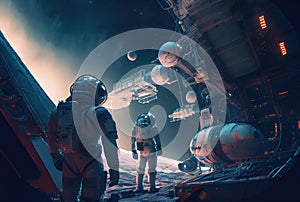 A team of astronauts traveling in space inside a spaceship with nebula in the background. Science and technology concept.