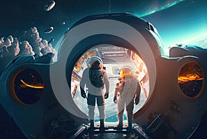 A team of astronauts traveling in space inside a spaceship with nebula in the background. Science and technology concept.