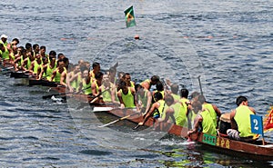 Team of athletes on dragon boat