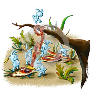 A team of blue cute rabbits beats a big snake. Funny illustration