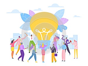 Team brainstorm business idea, vector illustration. Company people worker around large lightbulb, create success idea