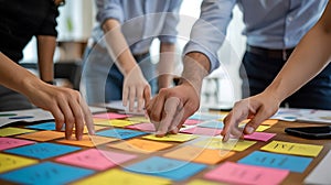 Team brainstorming with colorful sticky notes on table (16
