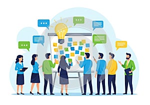 A team brainstorming ideas with sticky notes on a whiteboard