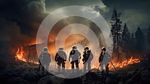 Team of brave firefighters while putting out a forest fire