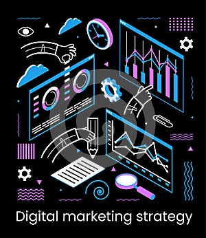 Ð team build a chart and graphs. Concept of the idea of marketing digital strategy. Data analysis