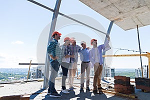 Team Of Builders Happy Smiling Take Selfie Photo During Meeting With Architect And Engineer On Construction Site