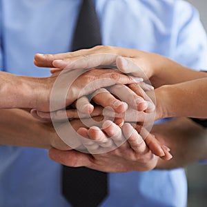 Team building, closeup and hands of business people in support, trust and winner of success, partnership or target goals