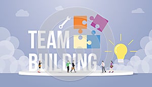 Team building concept with big word text and puzzle with team people office company and light bulb idea - vector