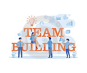 Team building concept. People business with big words and people with modern blue color style