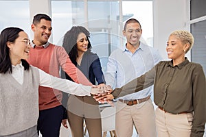 Team building, hands or business people in meeting together in solidarity or group project for motivation. Diversity
