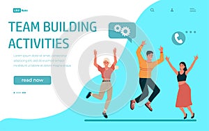 Team building landing page. Happy jumping men and women group. Website interface design template. Colleagues