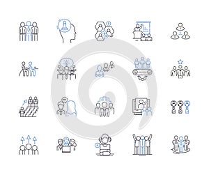 Team building outline icons collection. Teamwork, Collaboration, Communication, Bonding, Trust, Confidence, Creativity