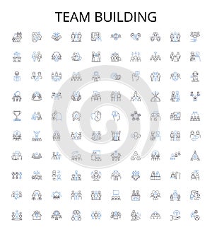 Team building outline icons collection. Teamwork, Collaboration, Communication, Bonding, Trust, Confidence, Creativity