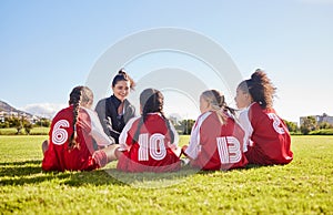 Team building, planning or coach with children for soccer strategy, training and sports goals in Canada. Sport, friends