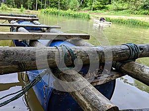 A team building raft on a lake