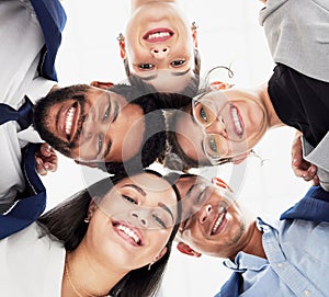 Team building, support or portrait of business people in huddle for collaboration, partnership or community. Faces, low