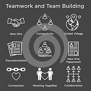 Team Building, Teamwork, and Connectivity Icon Set with Stick Figures and Intersections