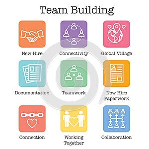 Team Building, Teamwork, and Connectivity Icon Set with Stick Figures and Intersections