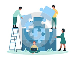 Team building, tiny people connect puzzle pieces to match and build business partnership