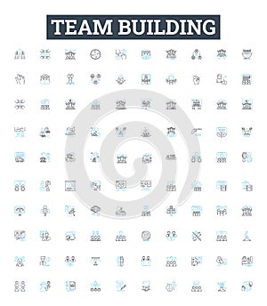 Team building vector line icons set. Collaborate, Networking, Engage, Unify, Interaction, Connect, Solidify illustration