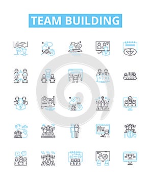 Team building vector line icons set. Collaborate, Networking, Engage, Unify, Interaction, Connect, Solidify illustration