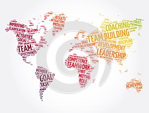Team building word cloud in shape of world map, business concept background