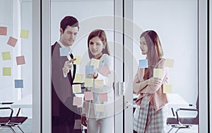 Team of business man and woman standing in meetin room win