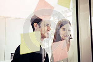 Team of business man and woman standing in meetin room win