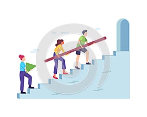 Team of business people climbing stairs together