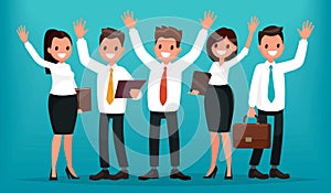 Team of business people with their hands up. Successful group of