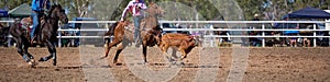 Team Calf Roping At A Country Rodeo