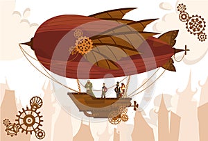 Team characters on balloon, steampunk airship, flat vector illustration. Air transport, gears, vintage, antique design